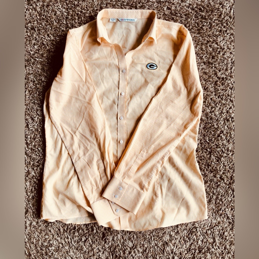 Cutter & Buck Green Bay Packer womens dress shirt XL. Gold & white plaid/checker